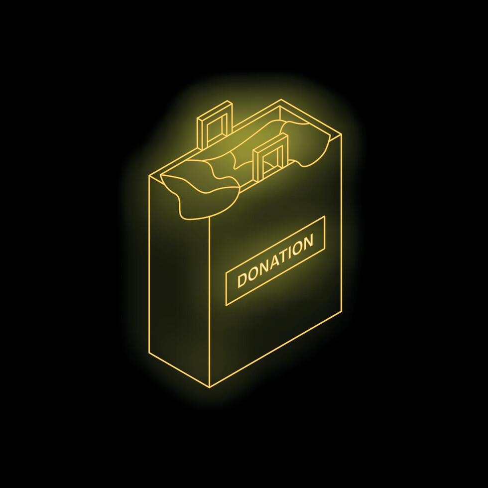 Neon donation bag sign representing charity and giving on dark background vector