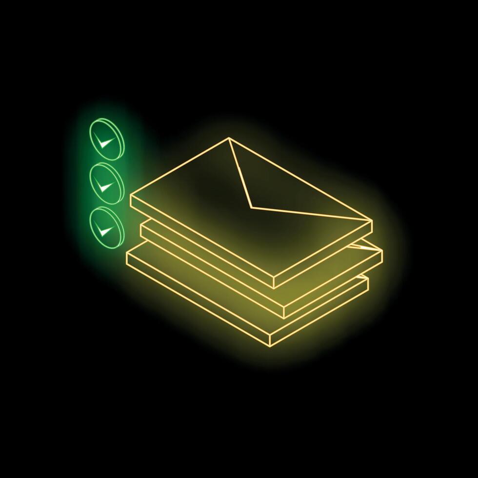 Neon pile of envelopes showing validation with check marks in dark background vector