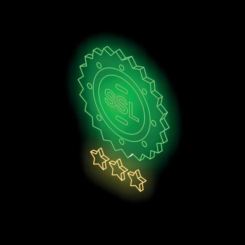 Neon green ssl certificate with three stars achieving high quality rating on black background vector