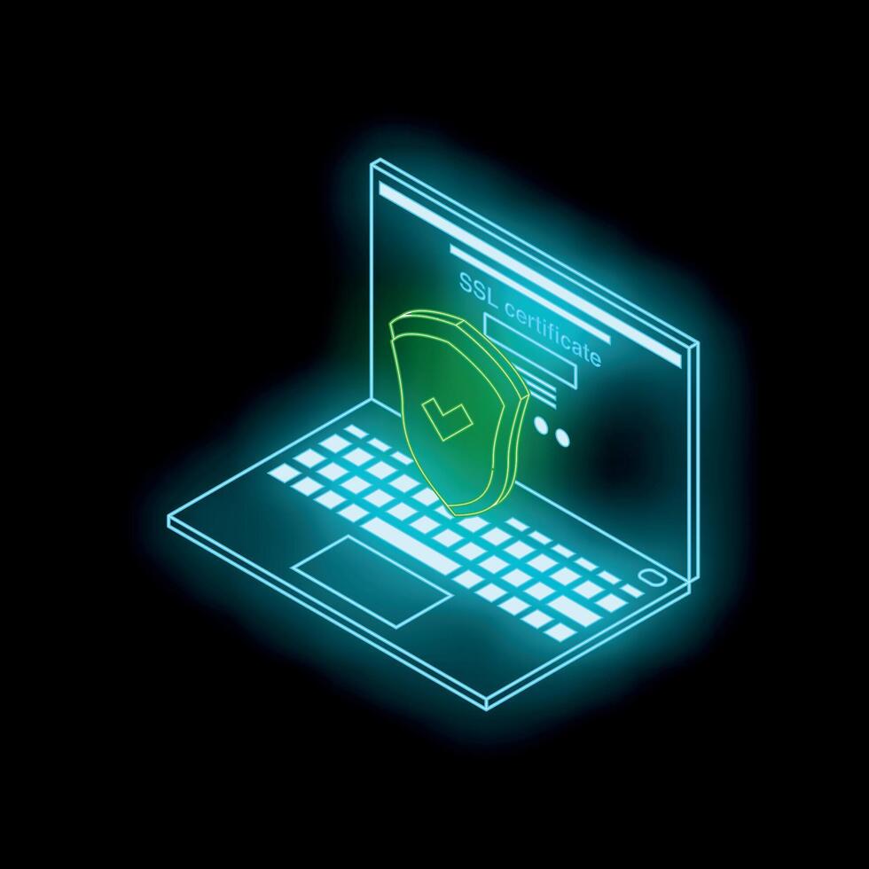 Secure certificate with checkmark and shield floating above keyboard of neon laptop vector