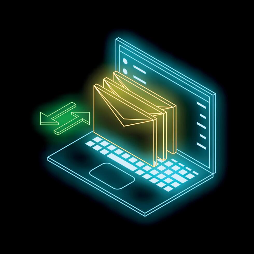 Neon laptop sending and receiving emails in dark background vector