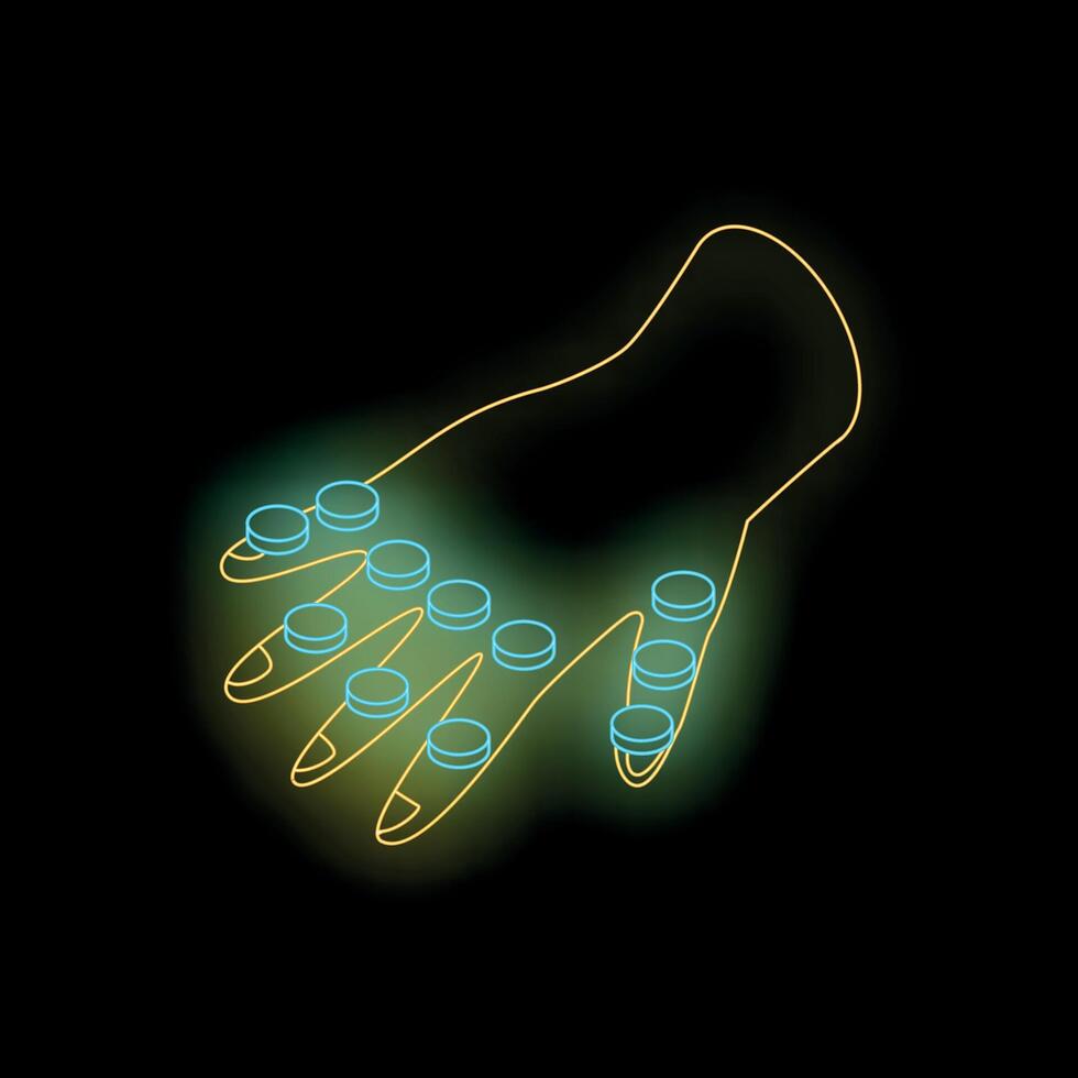 Neon sign showing hand holding multiple pills representing drug addiction or treatment vector