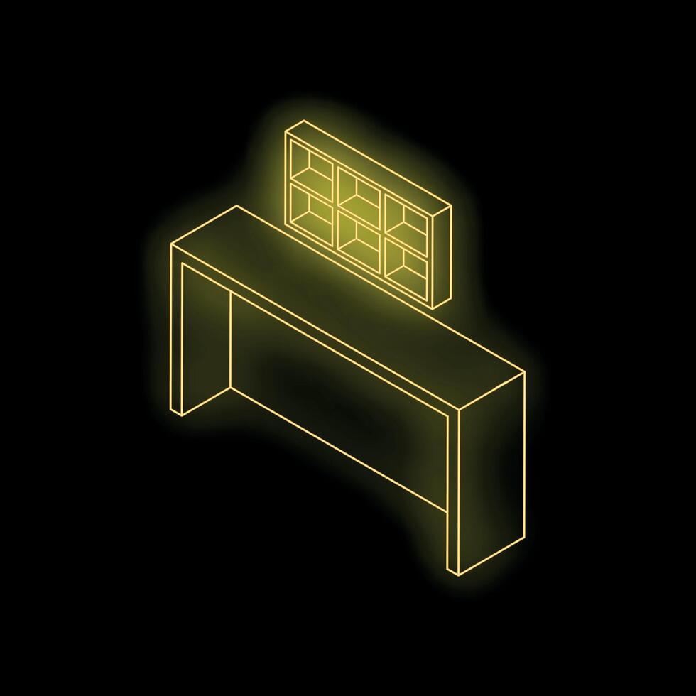 Modern desk with shelves, isometric view, neon yellow lines on black background vector