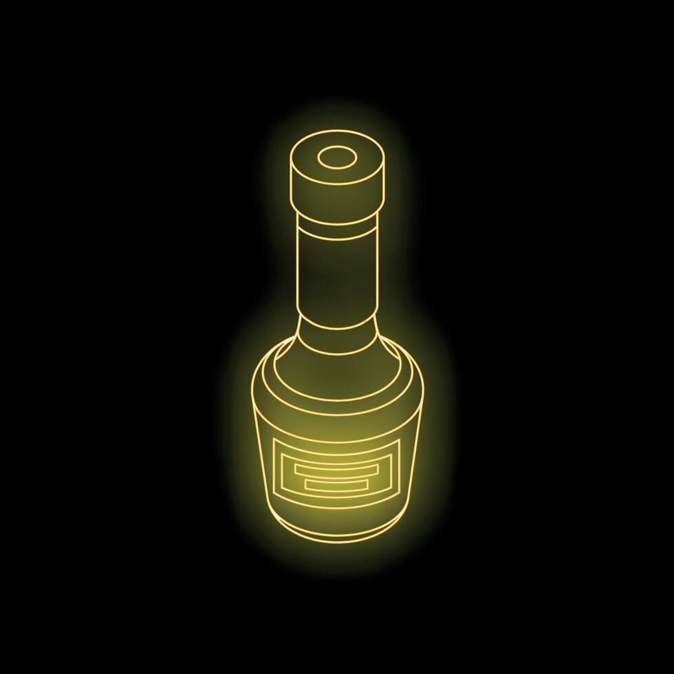 Glowing neon yellow wine bottle on black background, isometric view vector