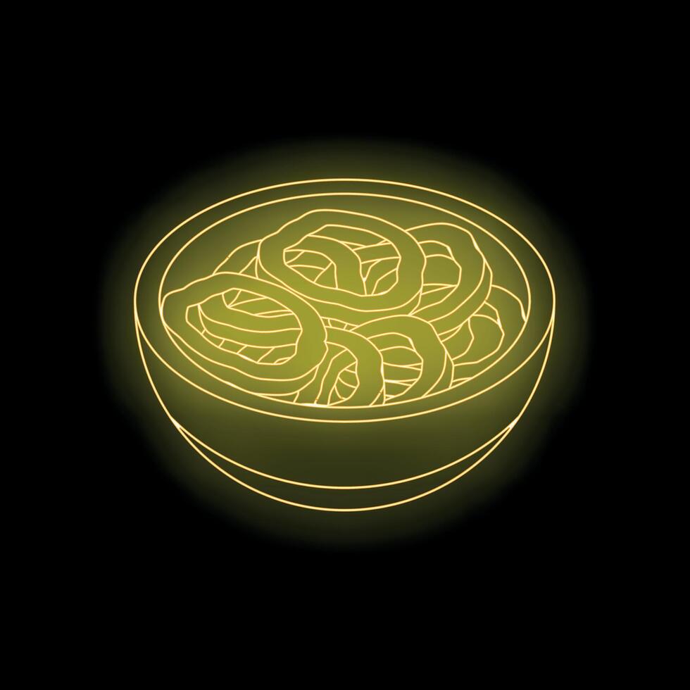 Neon yellow udon noodles in bowl on black background vector