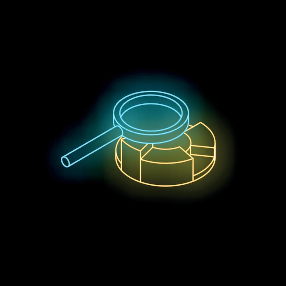 Magnifying glass examining pie chart in neon light on dark background vector