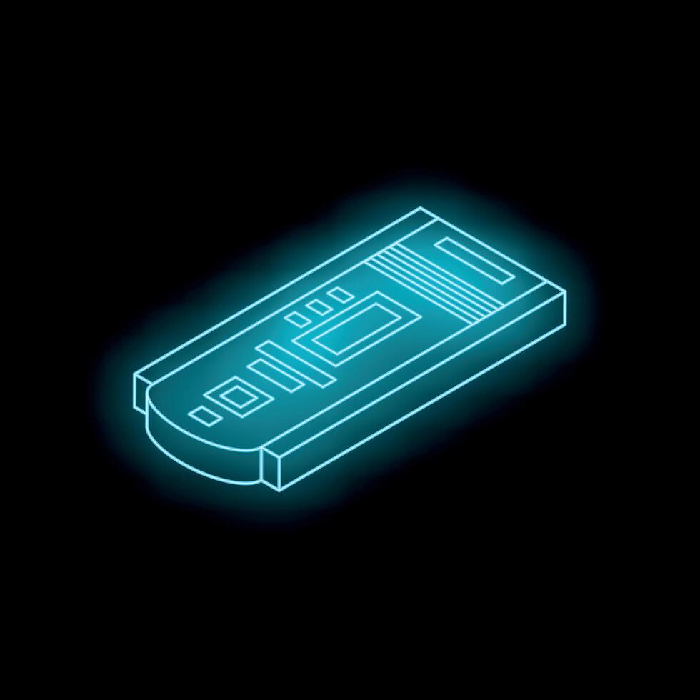 Neon blue usb flash drive glowing on black background vector