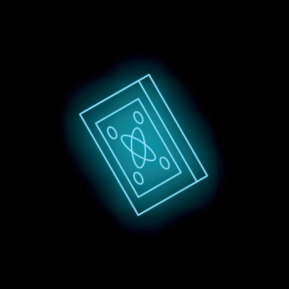 Neon blue science book icon glowing on black background vector