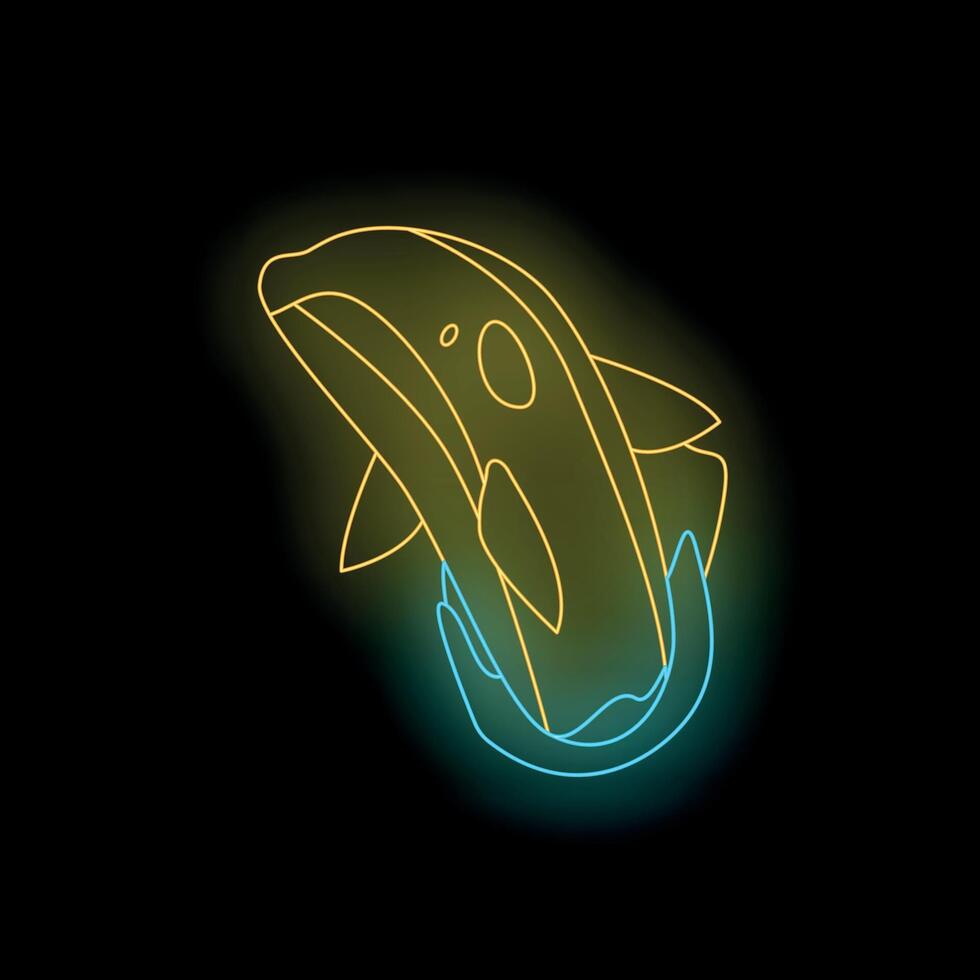Neon orca jumping out of the water on black background vector