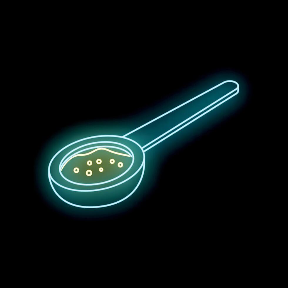 Neon sign of coffee scoop holding ground coffee beans on black background vector