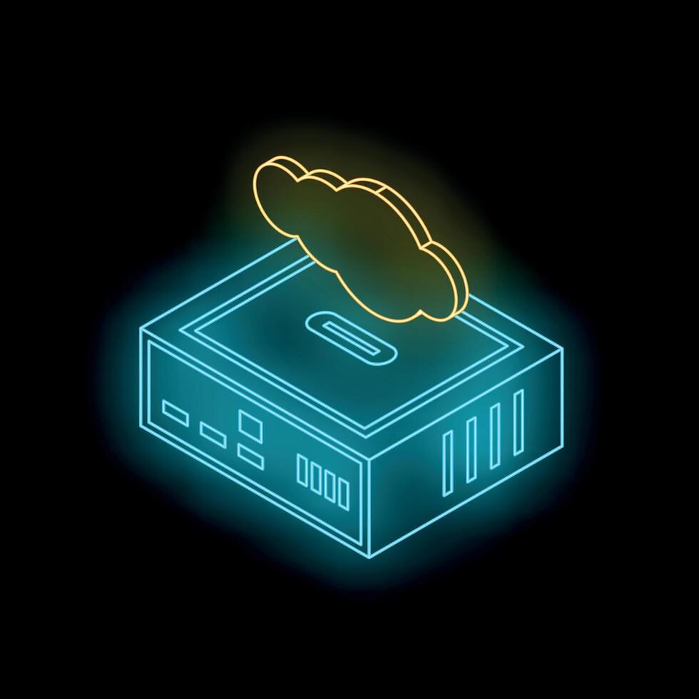 Neon cloud computing server icon representing data storage and online access vector