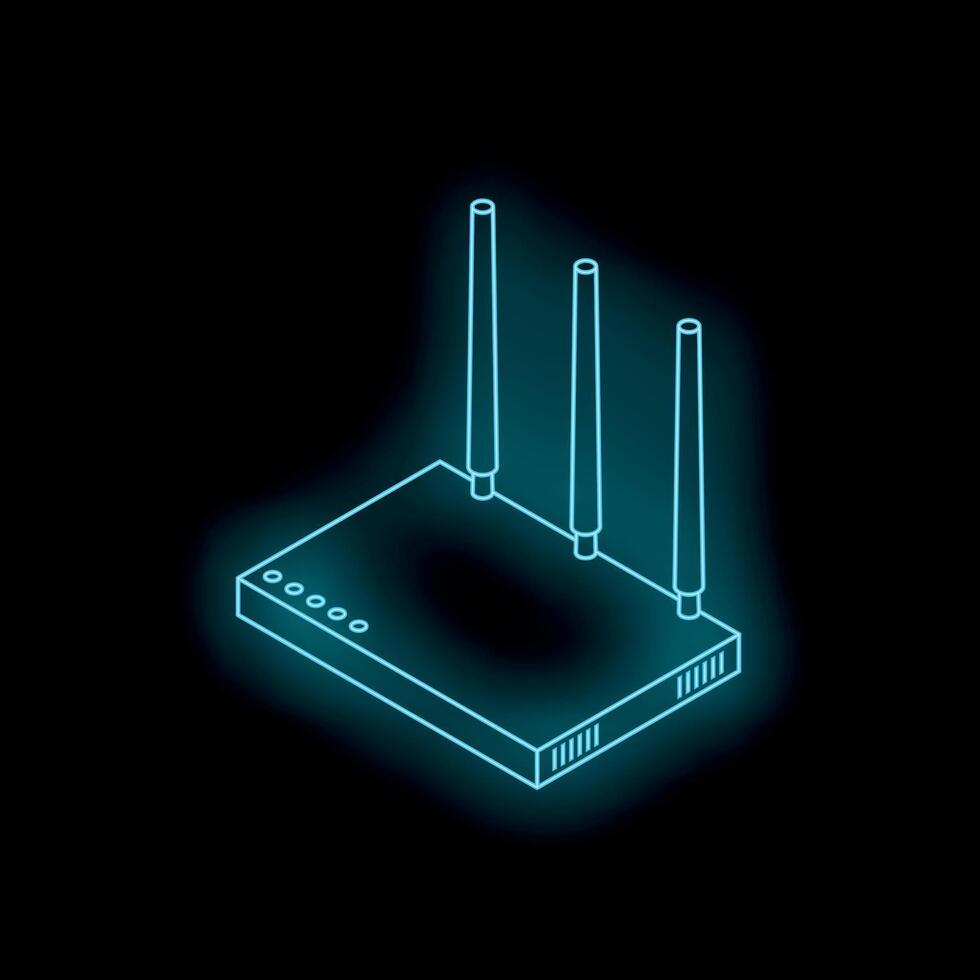 Neon blue wi fi router glowing on black background vector