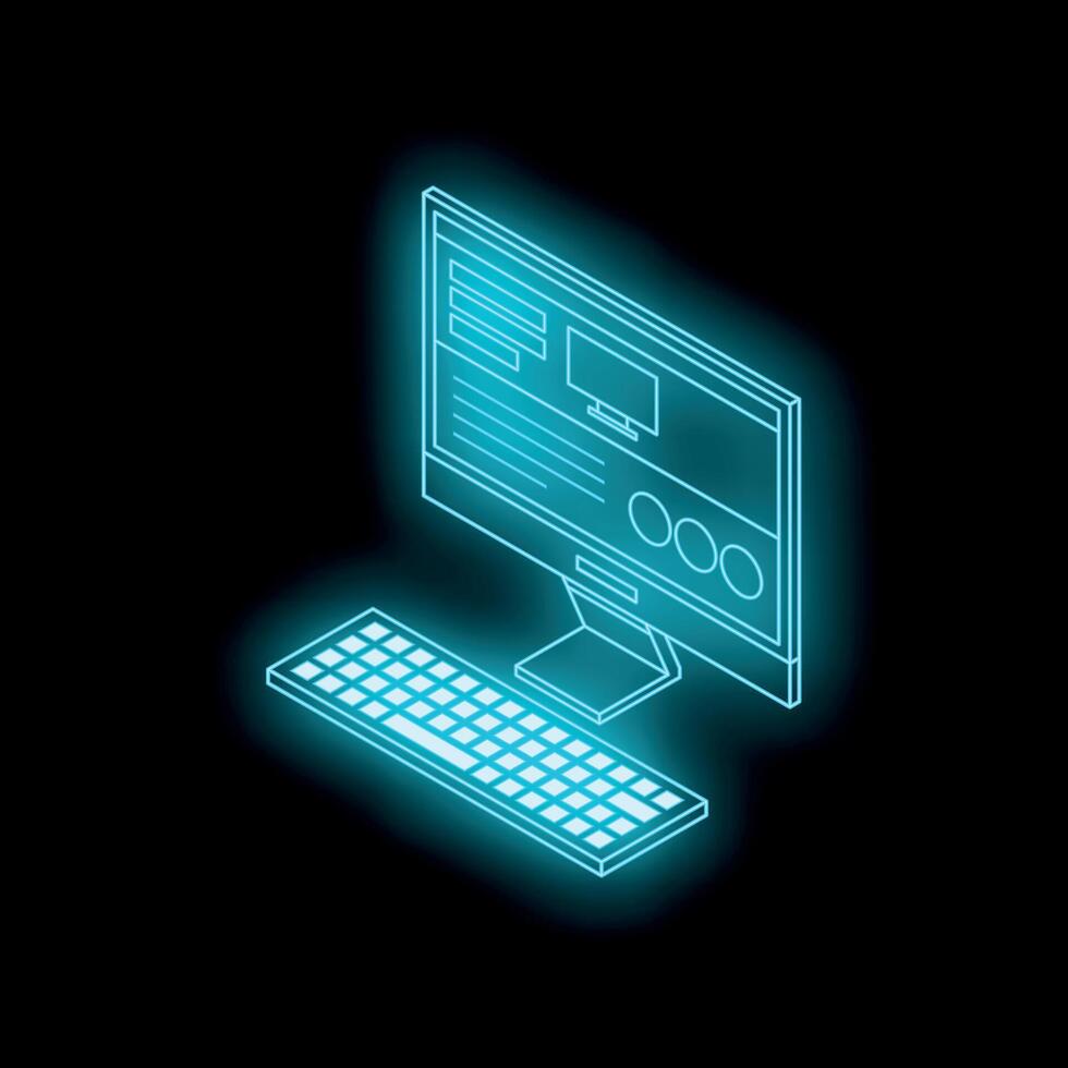 Neon blue desktop computer and keyboard shining in dark room vector