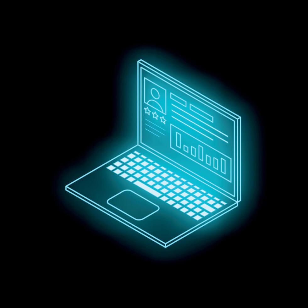 Futuristic holographic laptop displaying user profile and data analysis charts vector