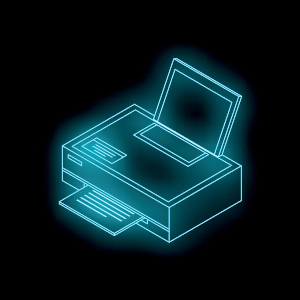 Glowing blue neon printer is printing a document vector