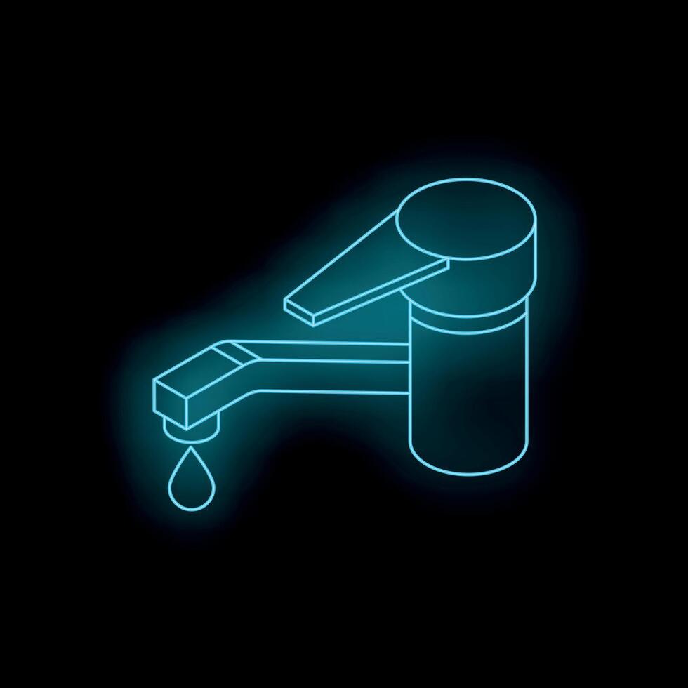 Faucet dripping water with neon blue light effect on black background vector