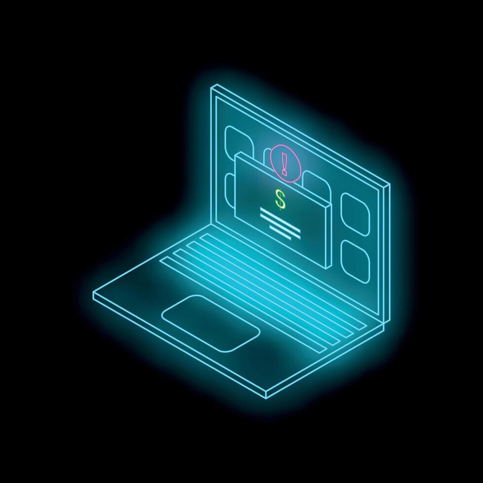 Neon laptop showing payment error notification on dark background vector