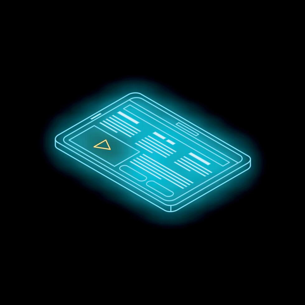 Futuristic neon tablet showing play button and text on dark background vector