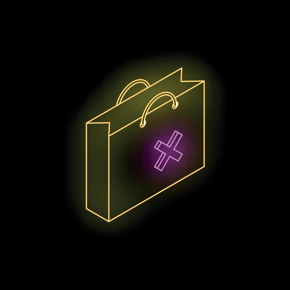 Neon shopping bag with delete cross sign on dark background vector