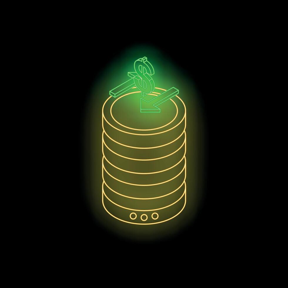 Neon green dollar sign entering into stack of golden coins on black background vector