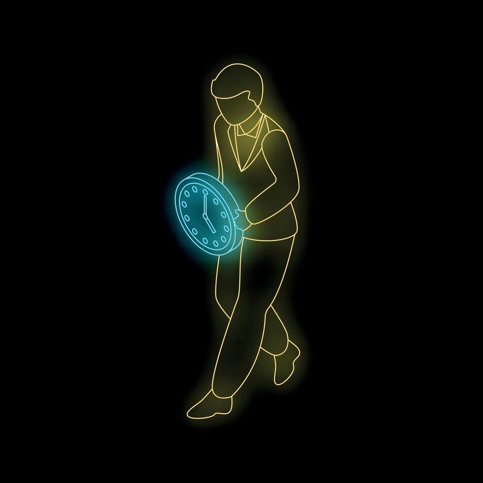 Businessman walking and holding a clock in neon style vector