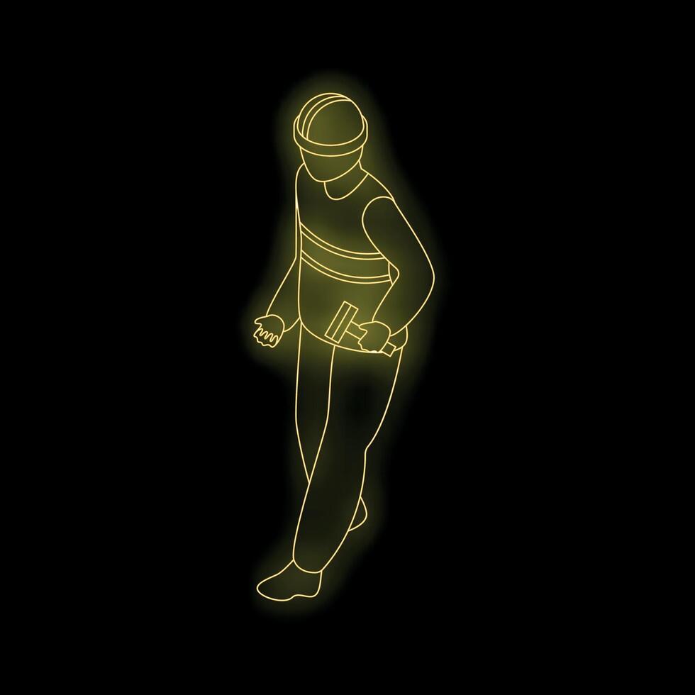 Construction worker walking with paint roller in hand, neon style illustration vector