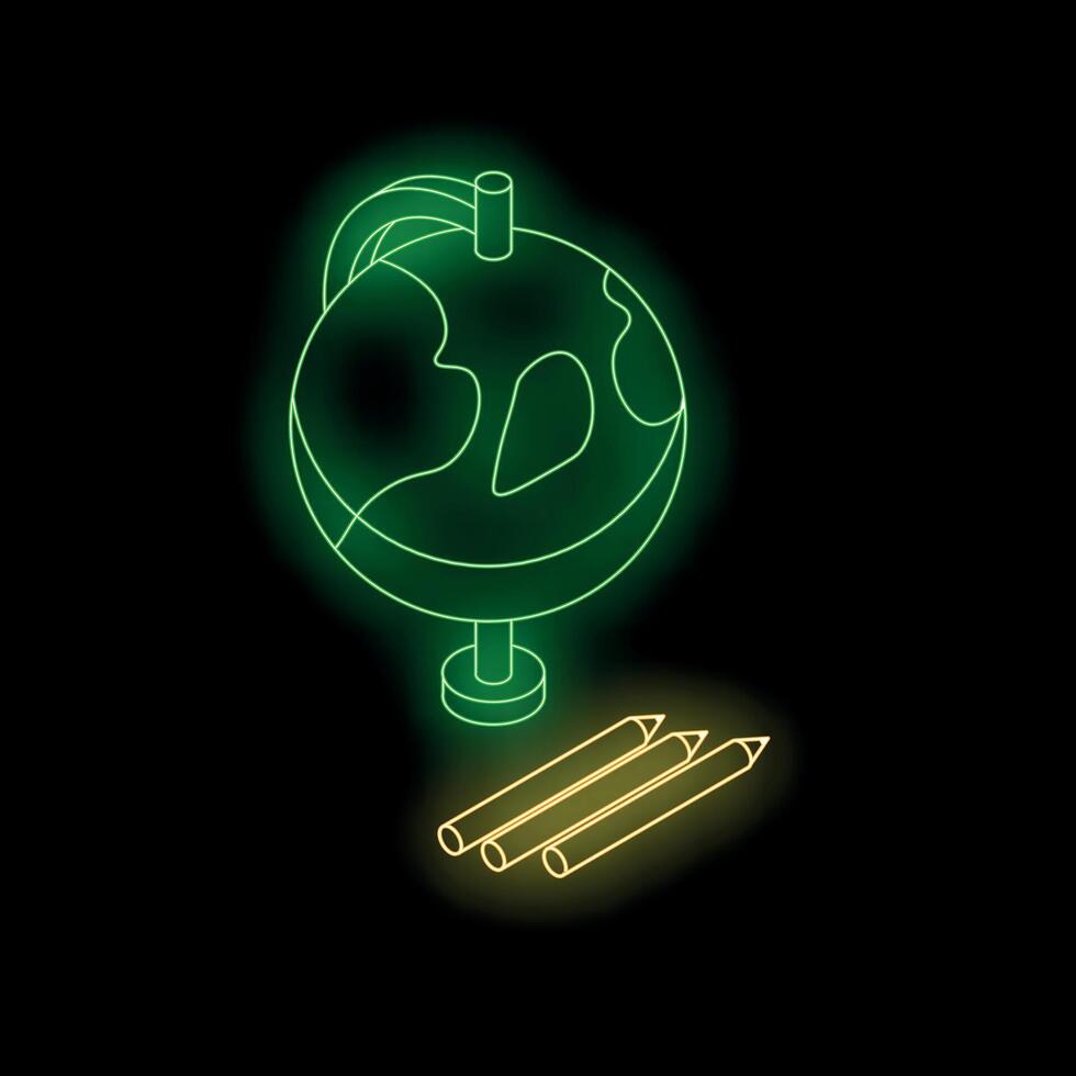 Glowing neon green globe and pencils representing education and learning vector
