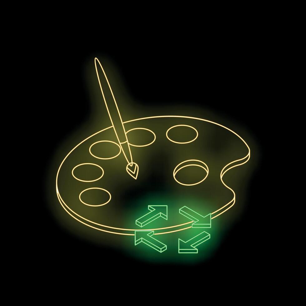 Neon painting palette with brush and transfer arrows on black background vector
