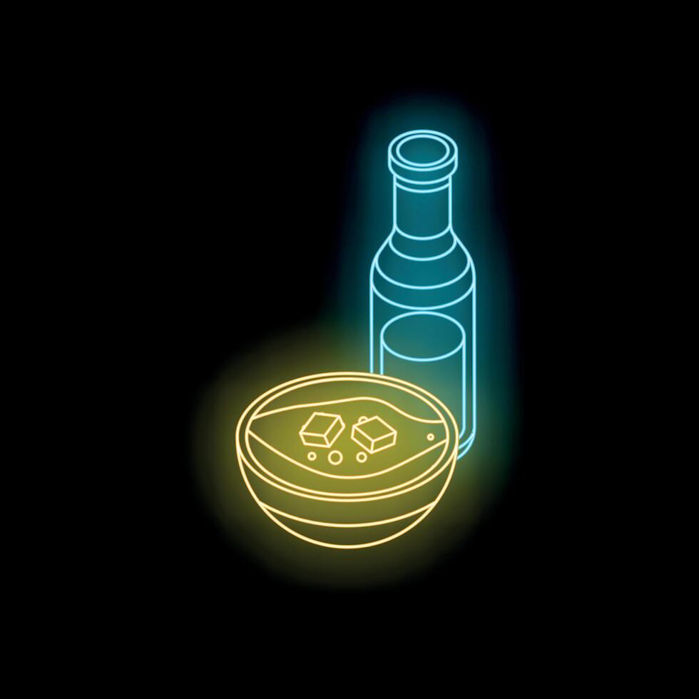 Neon sign of miso soup with tofu and bottle of sake illuminating the night vector