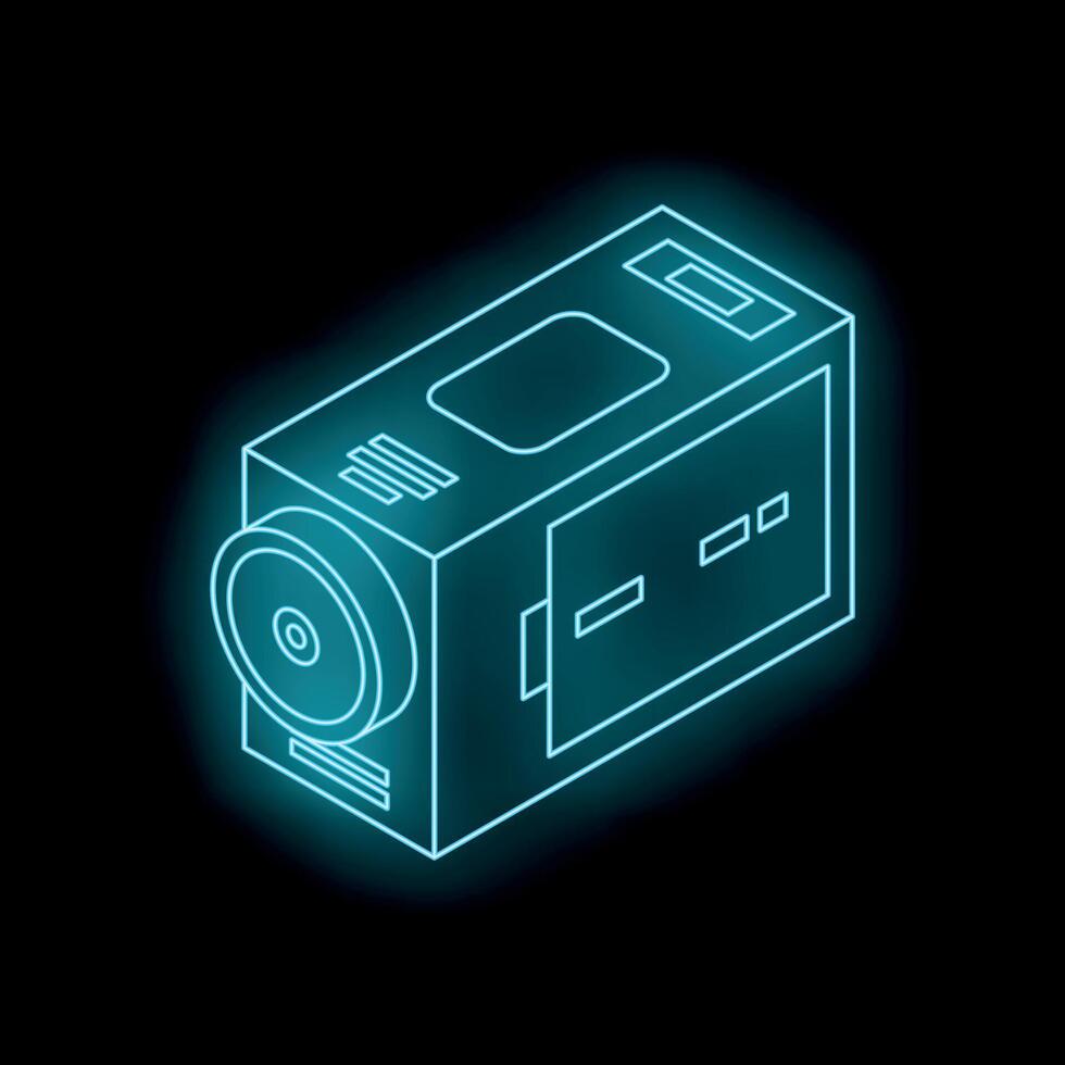 Neon camera glowing in dark space, modern videography equipment vector