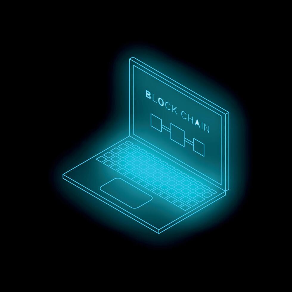 Glowing laptop showing blockchain technology on dark background vector