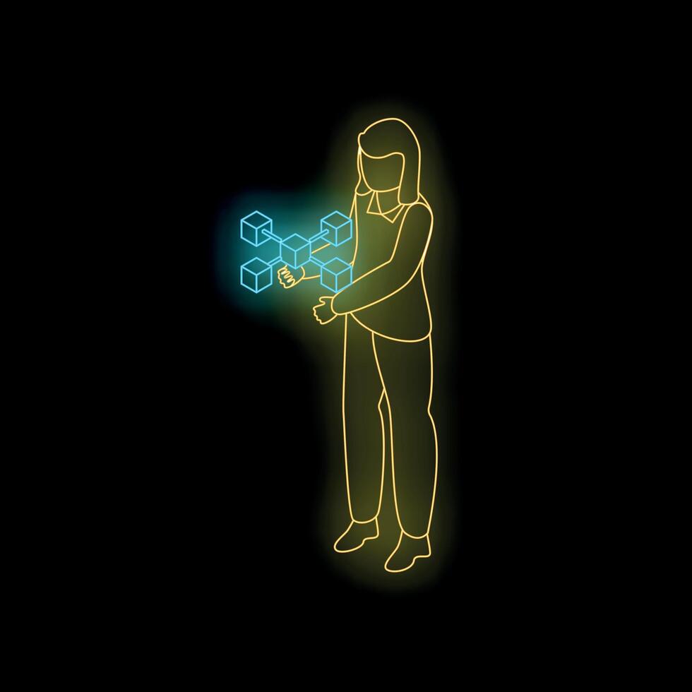 Businesswoman holding futuristic glowing cubes representing blockchain technology vector