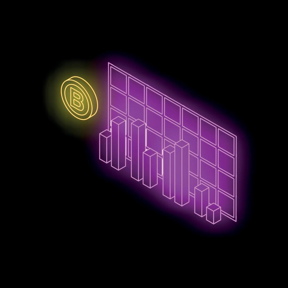 Glowing neon purple cryptocurrency growing bar chart with coin on black background vector