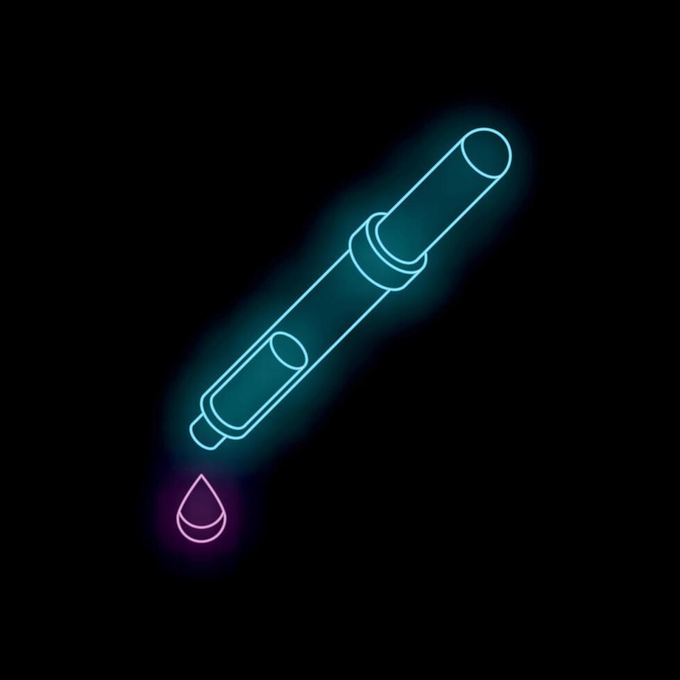 Neon insulin pen dispensing drop of medicine on black background vector
