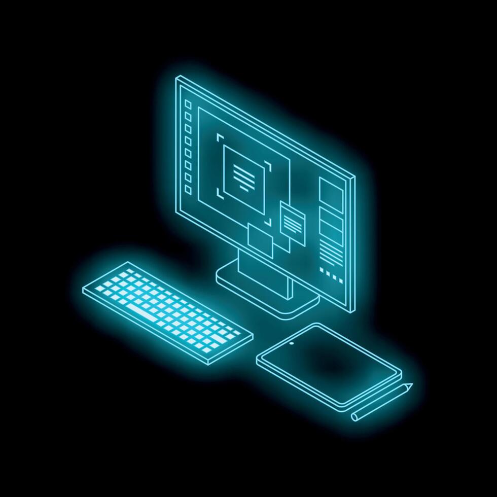 Futuristic neon blue desktop computer with keyboard and tablet displaying user interface design vector