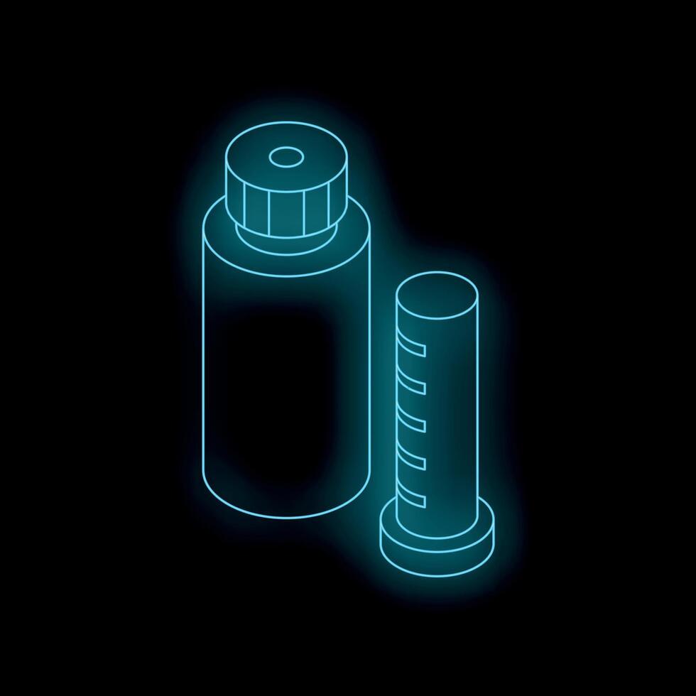 Neon blue isometric medical container and graduated cylinder on black background vector