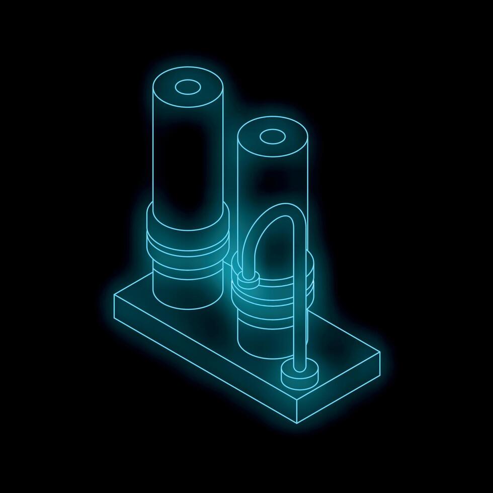 Neon blue double hydraulic or pneumatic cylinders with pipes on a dark background vector
