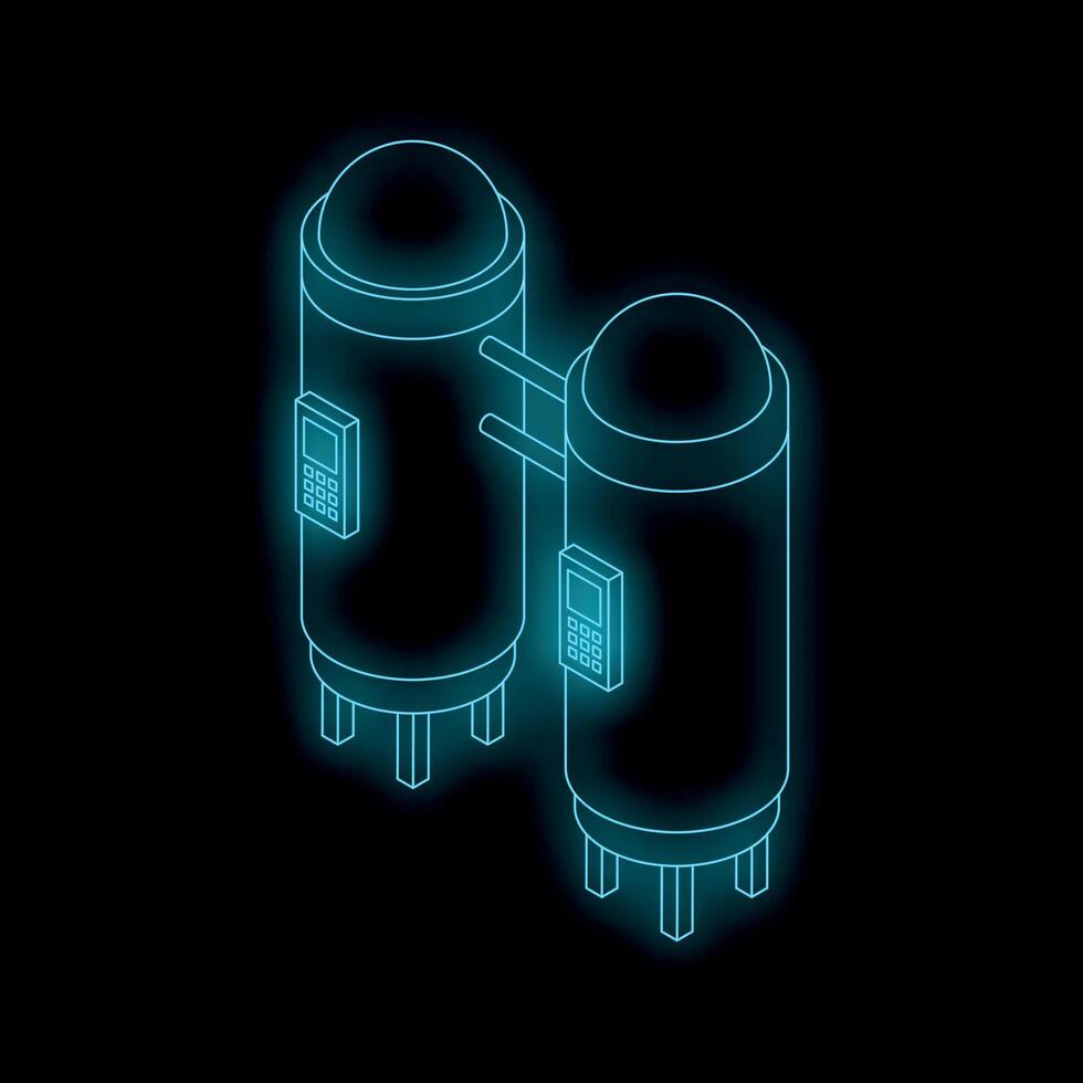 Industrial tanks with control panels glowing on black background vector