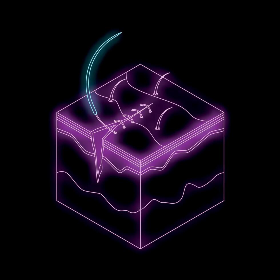 Neon icon showing suture needle stitching skin layers vector