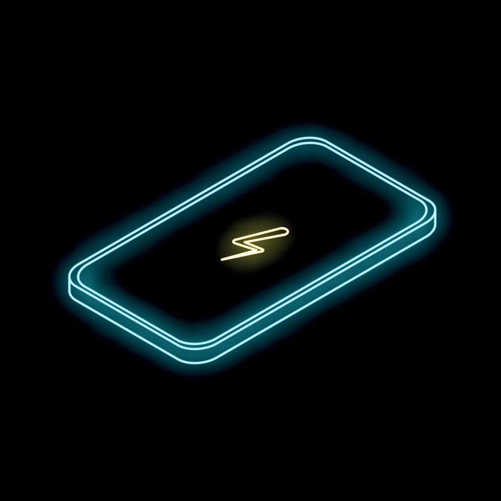 Neon smartphone displaying a lightning bolt on black background vector