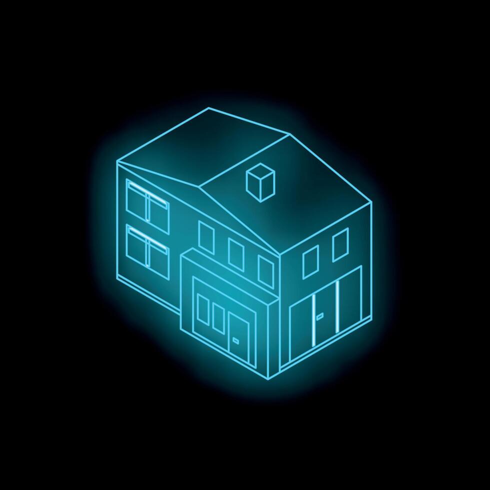 Glowing blue neon line drawing of a house on black background vector