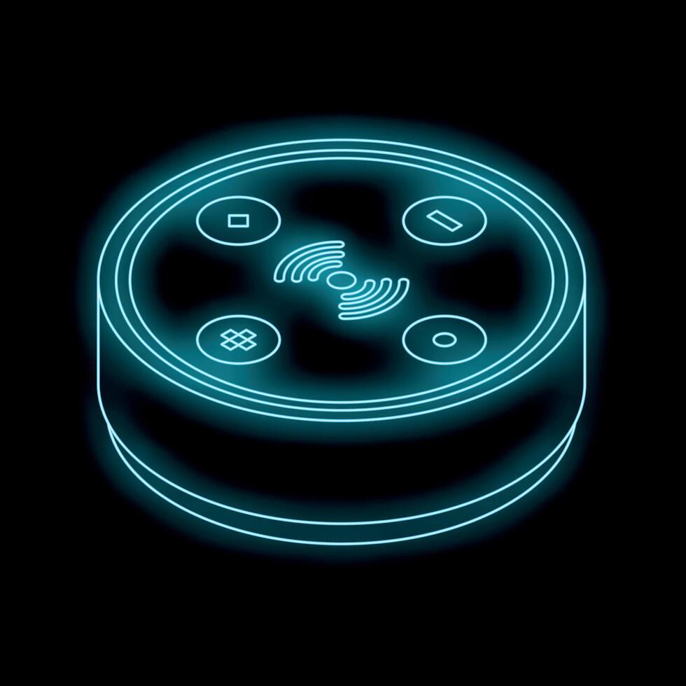 Neon smart speaker voice assistant glowing on black background vector