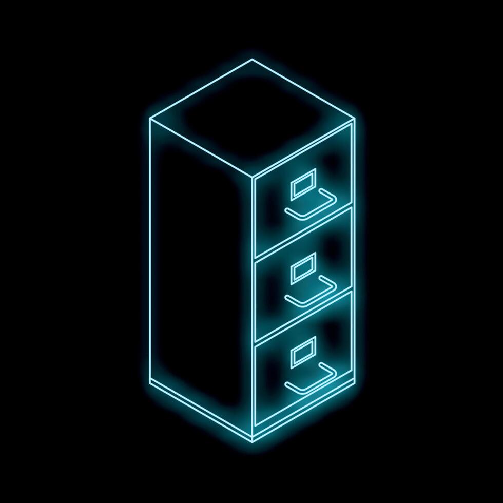 Glowing neon file cabinet isometric view on black background vector