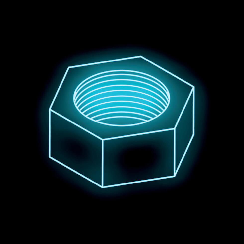 Neon blue hex nut glowing on black background vector
