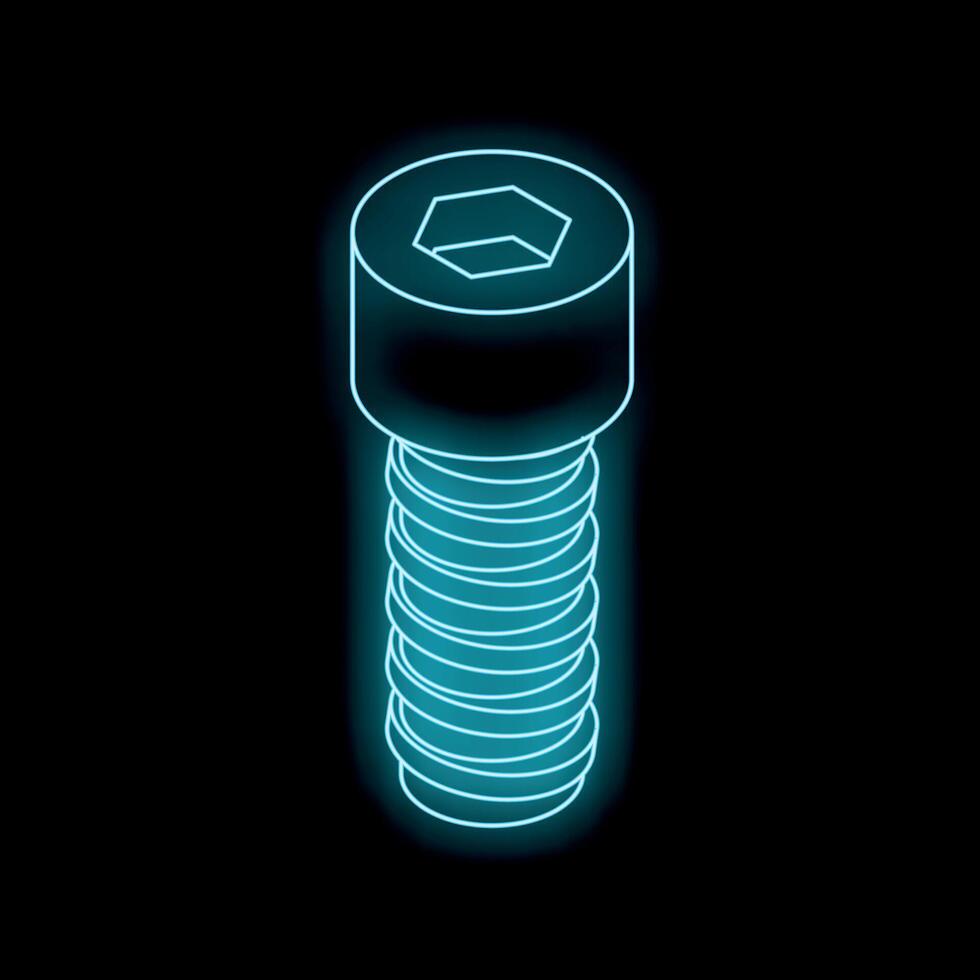 Neon icon of a single metal screw glowing on black background vector