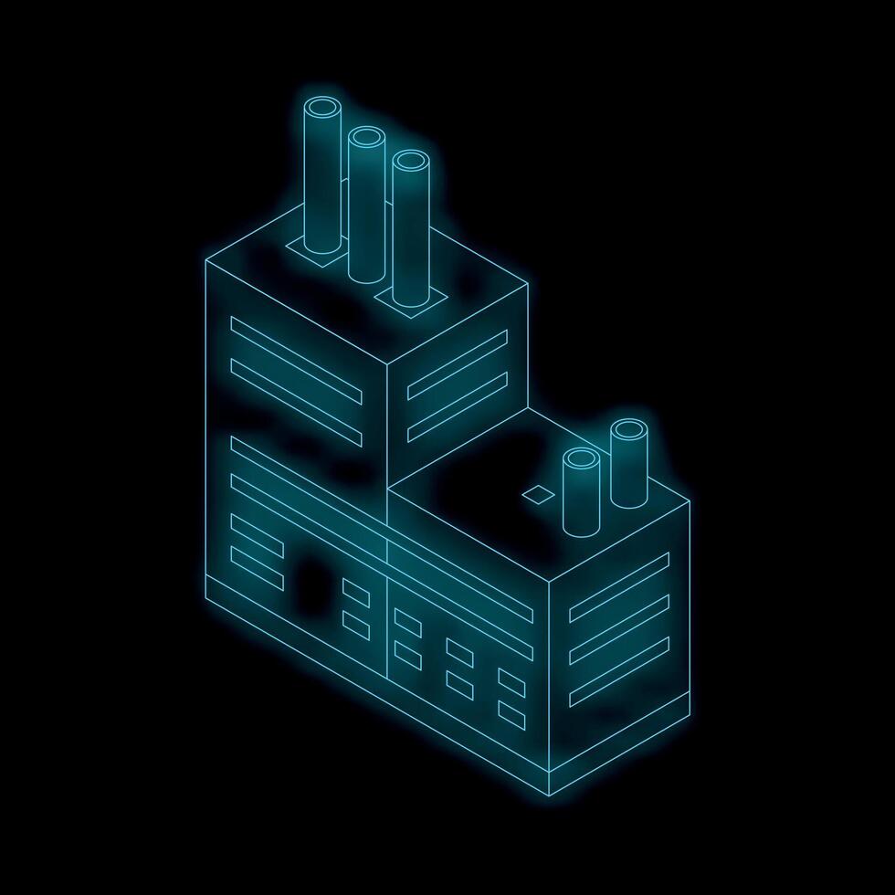 Isometric industrial factory building glowing neon style vector