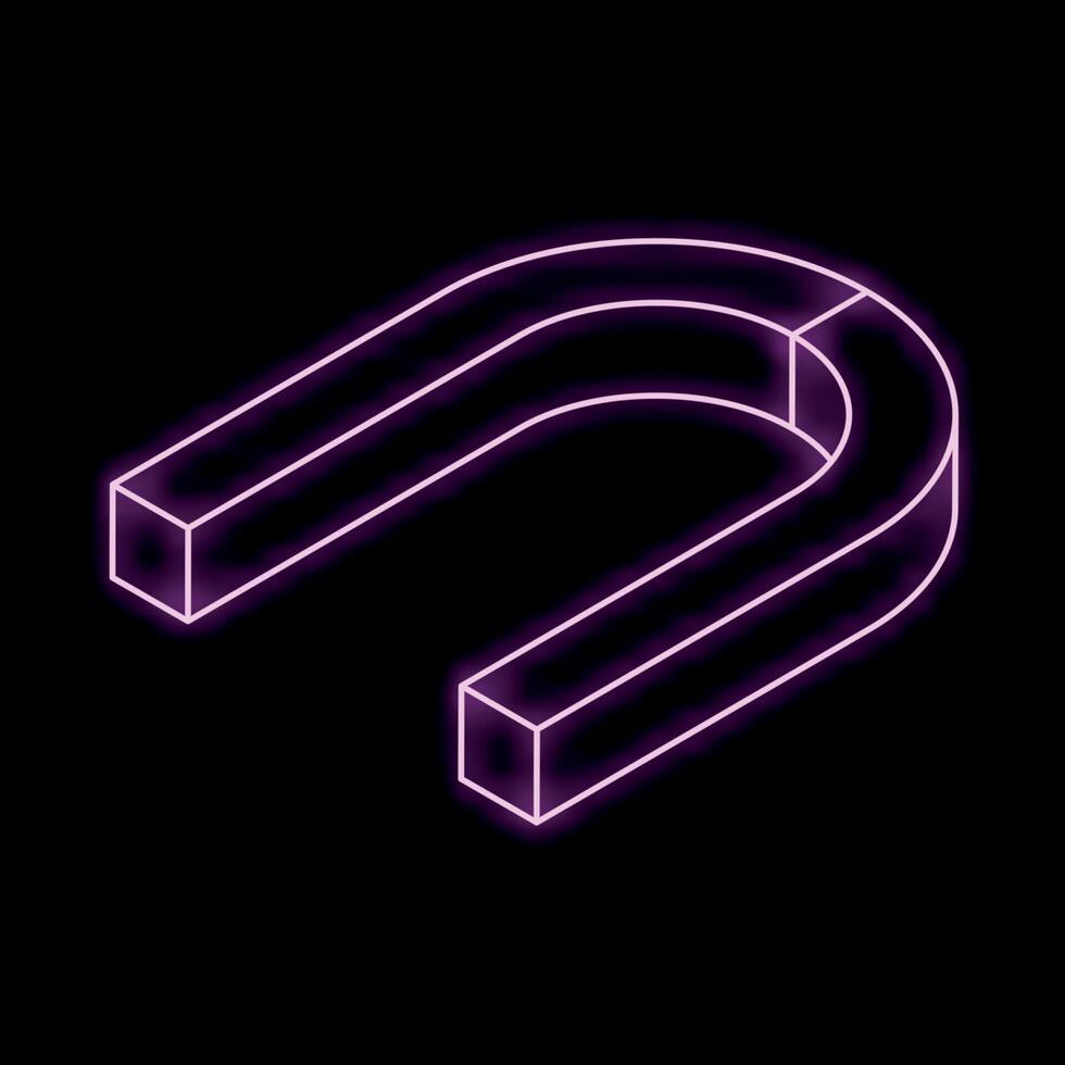 Glowing purple neon horseshoe magnet floating on black background vector
