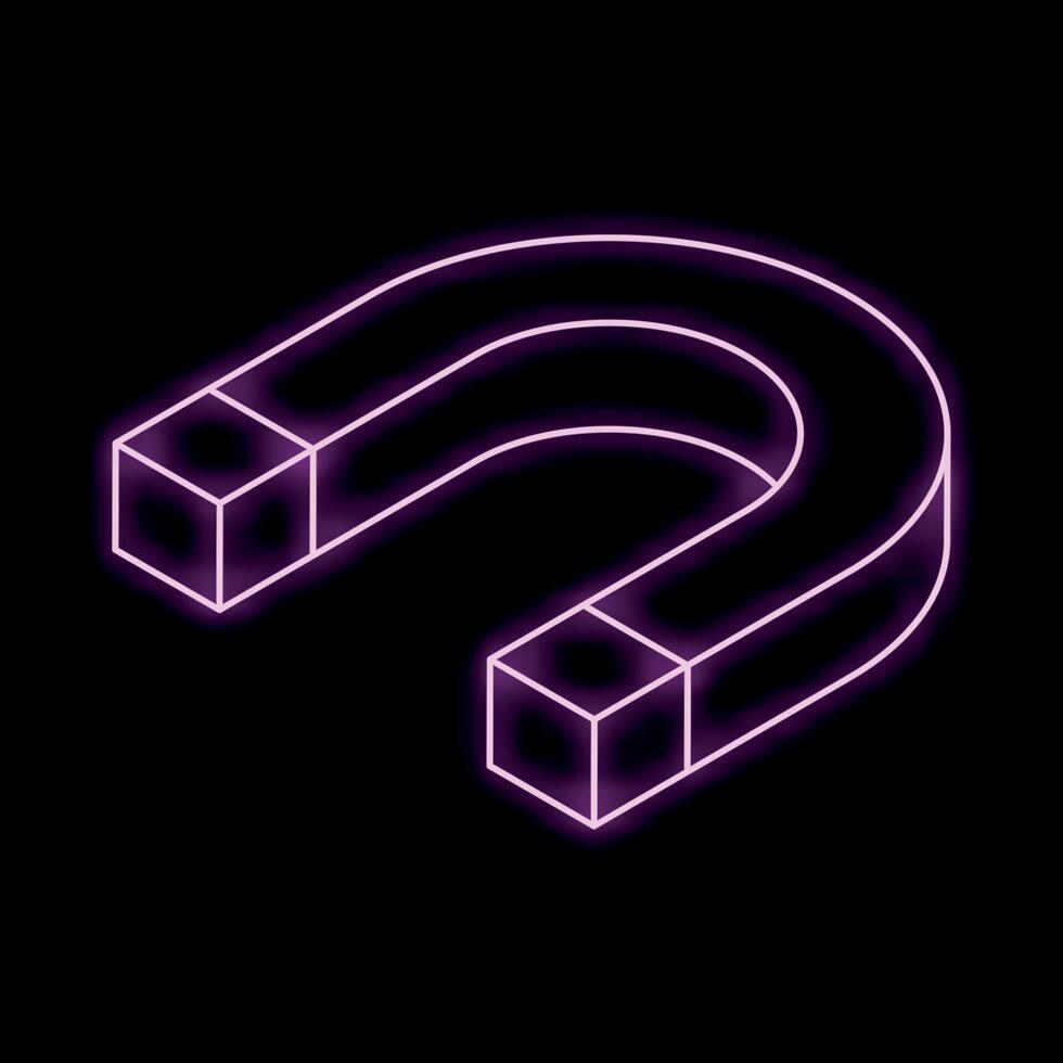 Purple neon horseshoe magnet floating on black background vector