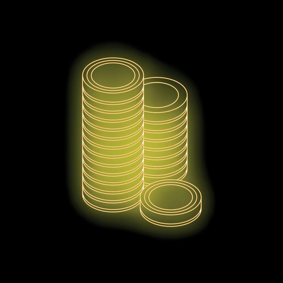 Neon style golden coin stacks glowing on black background vector