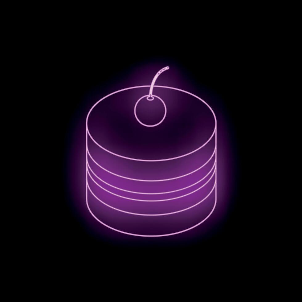 Neon style cake glowing on black background with cherry on top vector